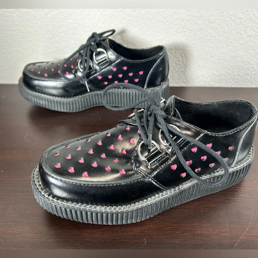 tuk Black Platform Creepers with Pink Heart Cutouts